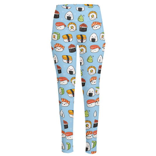 Kawaii Japanese Sushi Pattern Print High-Waisted Pocket Leggings