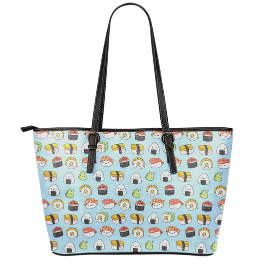 Kawaii Japanese Sushi Pattern Print Leather Tote Bag