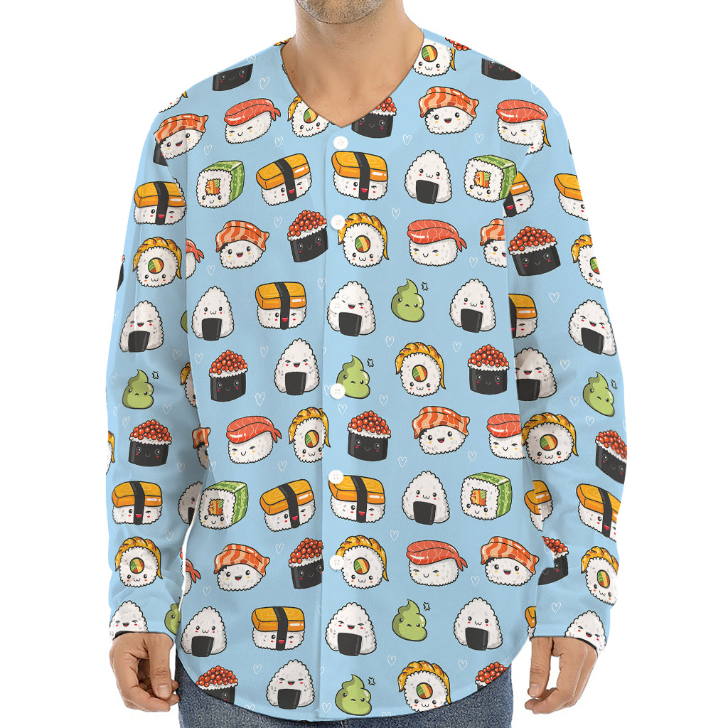 Kawaii Japanese Sushi Pattern Print Long Sleeve Baseball Jersey