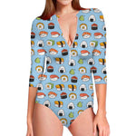 Kawaii Japanese Sushi Pattern Print Long Sleeve Swimsuit