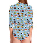Kawaii Japanese Sushi Pattern Print Long Sleeve Swimsuit