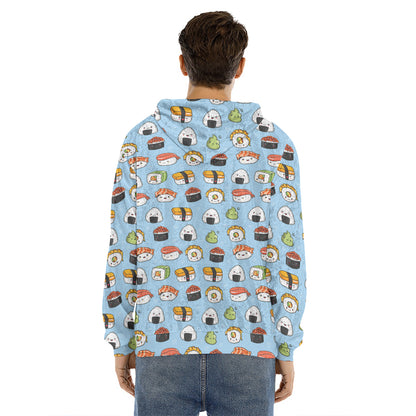 Kawaii Japanese Sushi Pattern Print Men's Velvet Pullover Hoodie