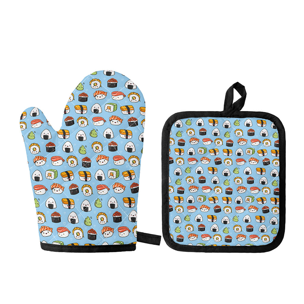 Kawaii Japanese Sushi Pattern Print Oven Mitt And Pot Holder Set