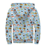Kawaii Japanese Sushi Pattern Print Sherpa Lined Zip Up Hoodie