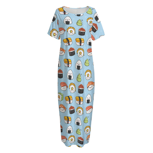 Kawaii Japanese Sushi Pattern Print Short Sleeve Long Nightdress