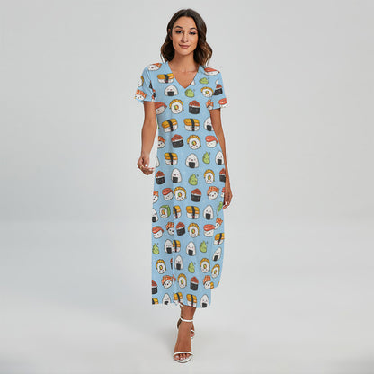 Kawaii Japanese Sushi Pattern Print Short Sleeve Maxi Dress