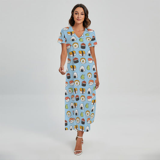 Kawaii Japanese Sushi Pattern Print Short Sleeve Maxi Dress