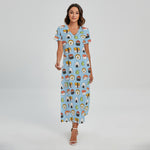 Kawaii Japanese Sushi Pattern Print Short Sleeve Maxi Dress