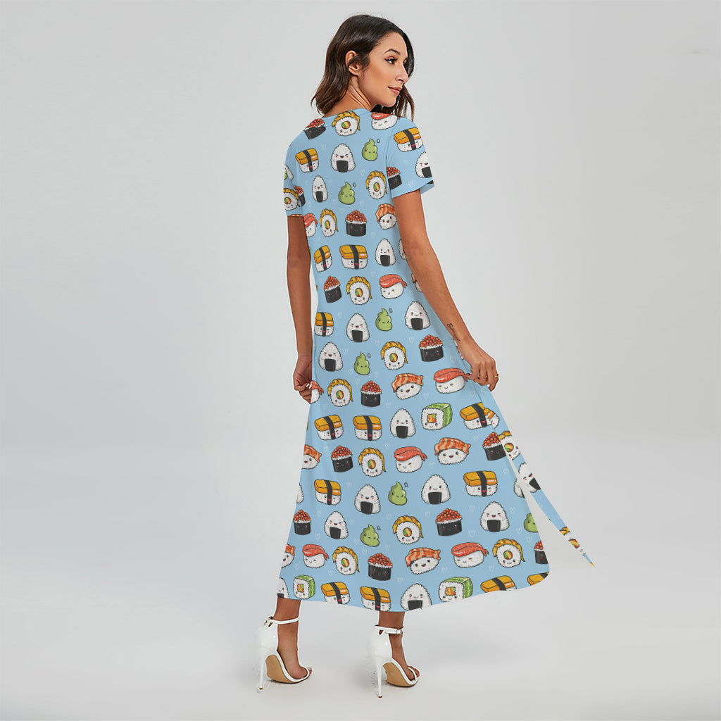 Kawaii Japanese Sushi Pattern Print Short Sleeve Maxi Dress