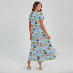 Kawaii Japanese Sushi Pattern Print Short Sleeve Maxi Dress