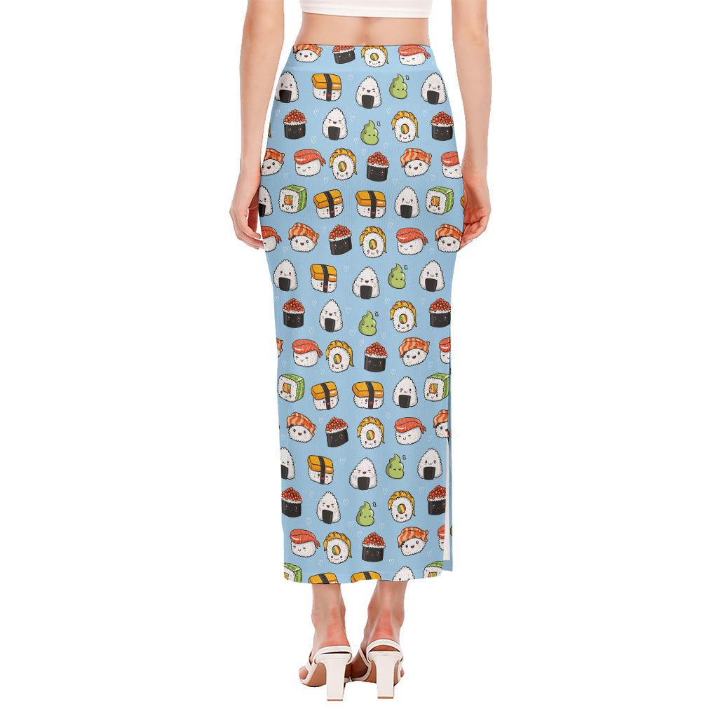 Kawaii Japanese Sushi Pattern Print Side Slit Maxi Skirt