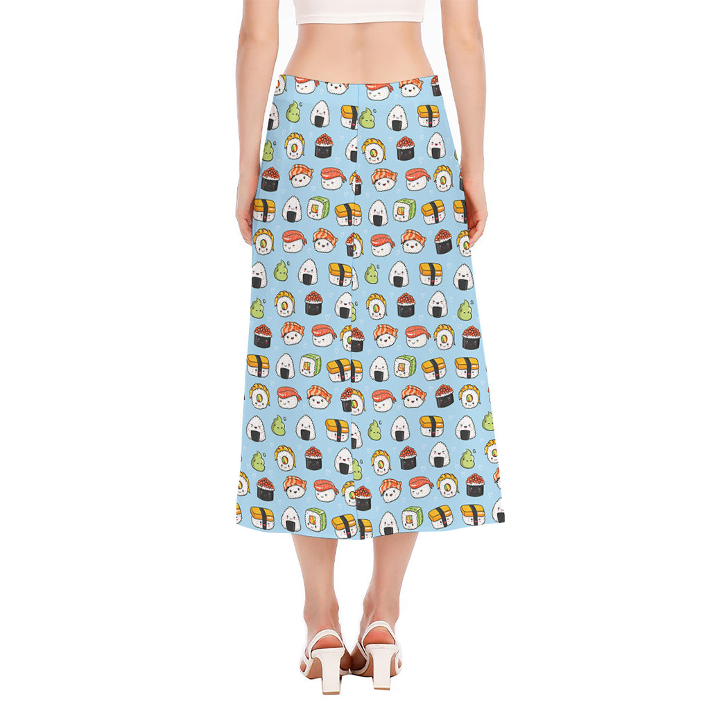 Kawaii Japanese Sushi Pattern Print Side Slit Midi Skirt