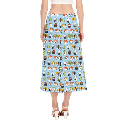 Kawaii Japanese Sushi Pattern Print Side Slit Midi Skirt