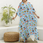 Kawaii Japanese Sushi Pattern Print Silk V-Neck Kaftan Dress