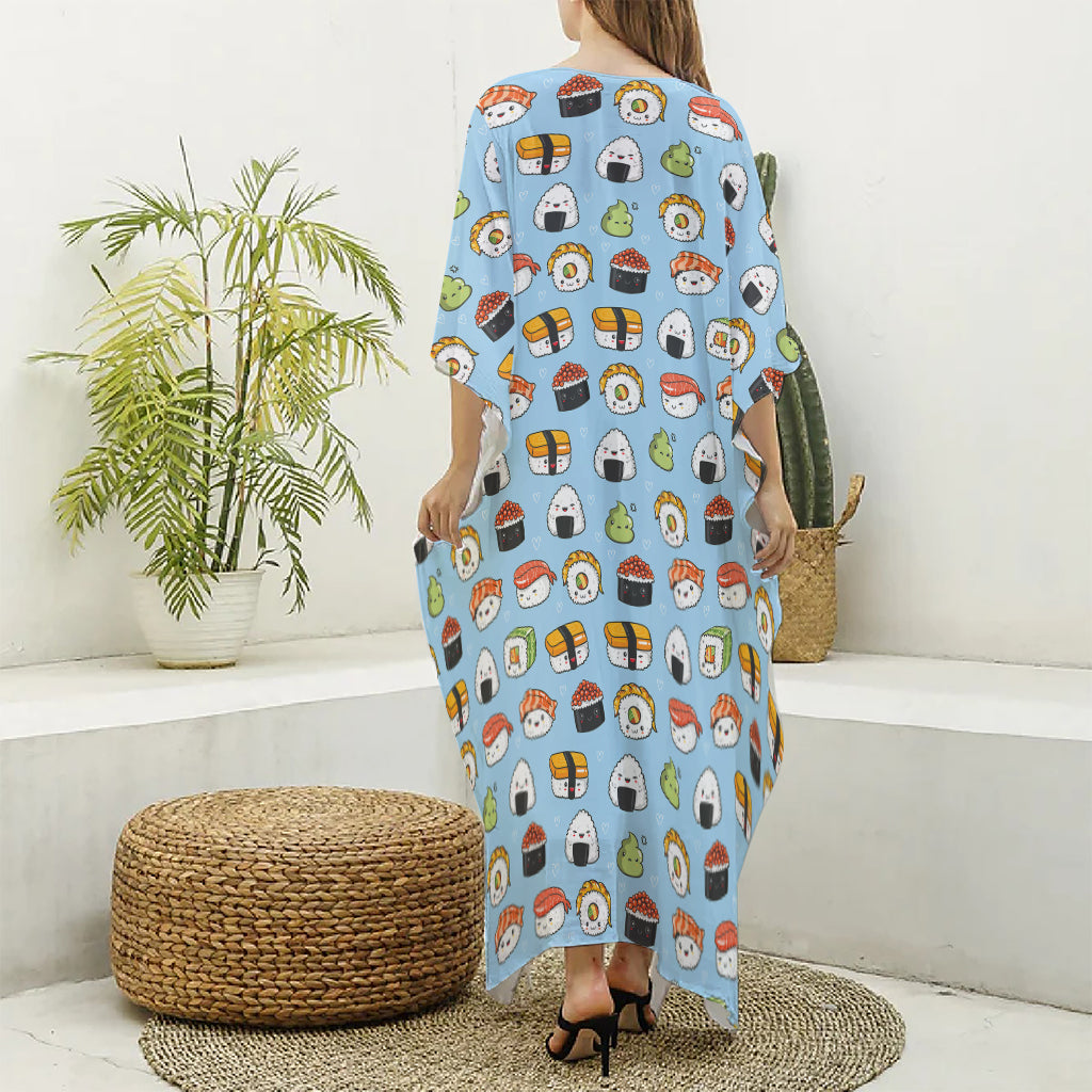 Kawaii Japanese Sushi Pattern Print Silk V-Neck Kaftan Dress