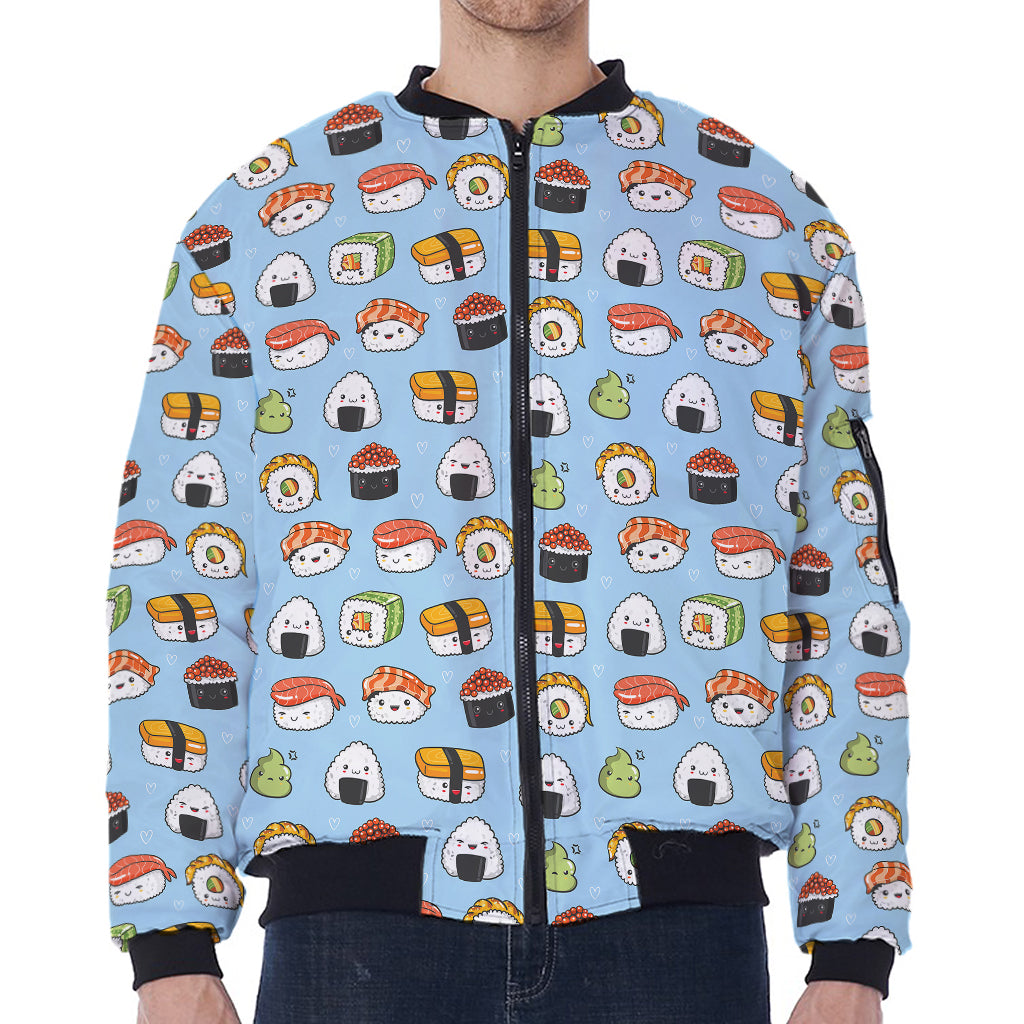 Kawaii Japanese Sushi Pattern Print Zip Sleeve Bomber Jacket