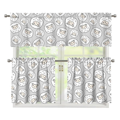 Kawaii Sheep Pattern Print 3 Piece Kitchen Curtains