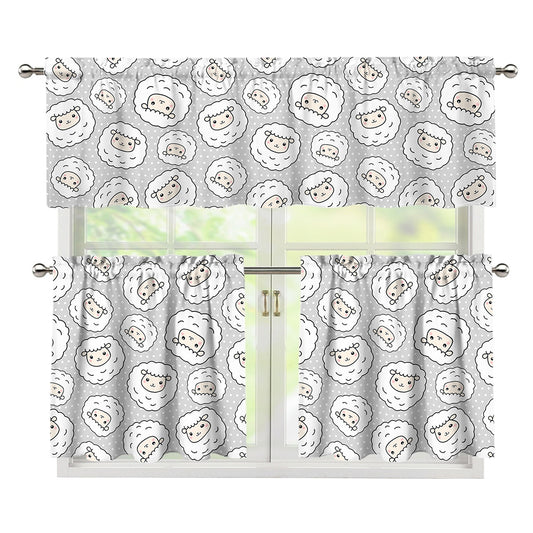 Kawaii Sheep Pattern Print 3 Piece Kitchen Curtains