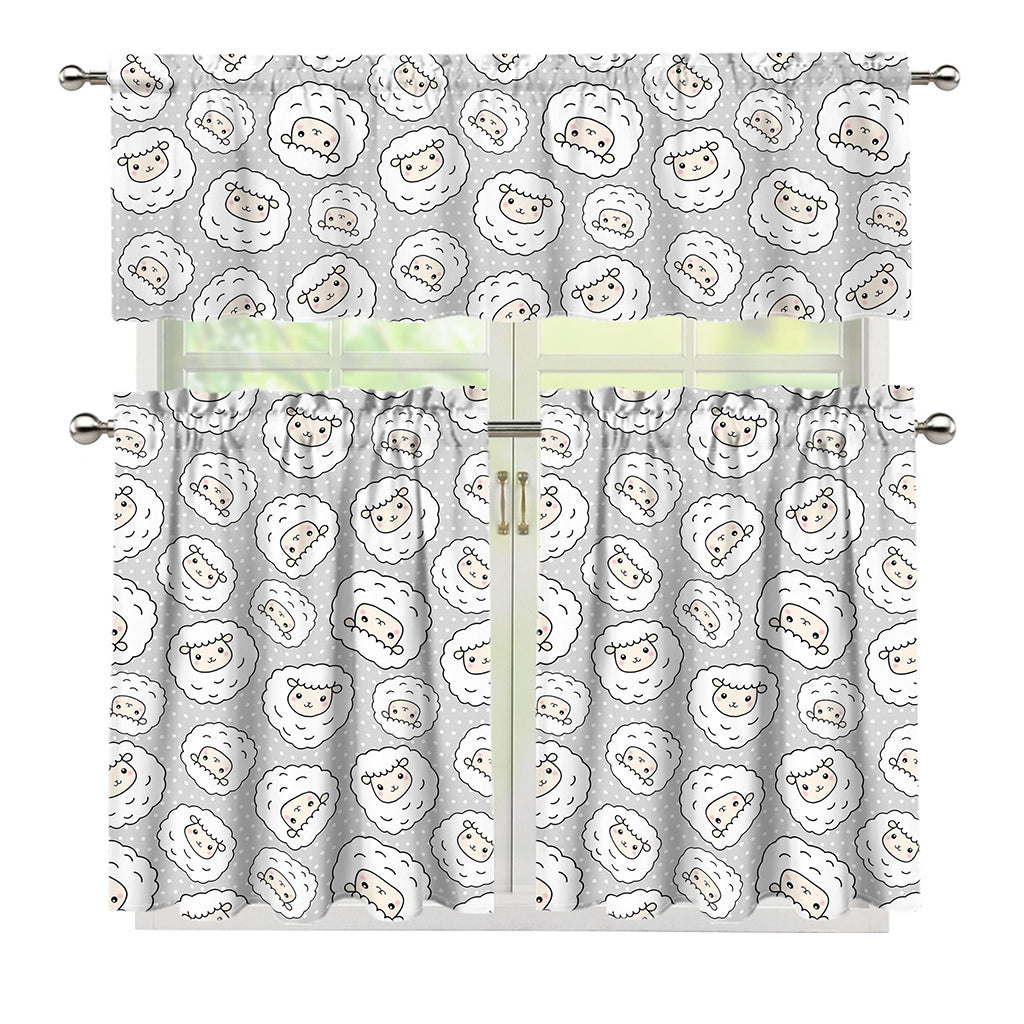 Kawaii Sheep Pattern Print 3 Piece Kitchen Curtains