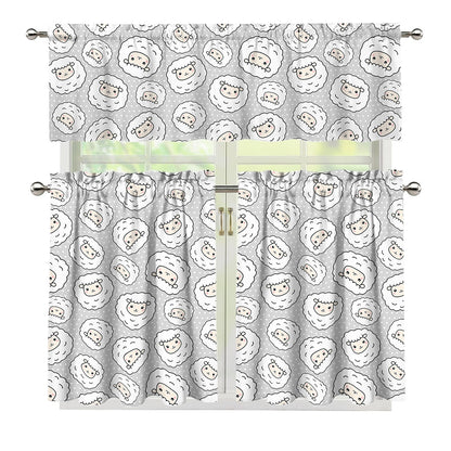 Kawaii Sheep Pattern Print 3 Piece Kitchen Curtains
