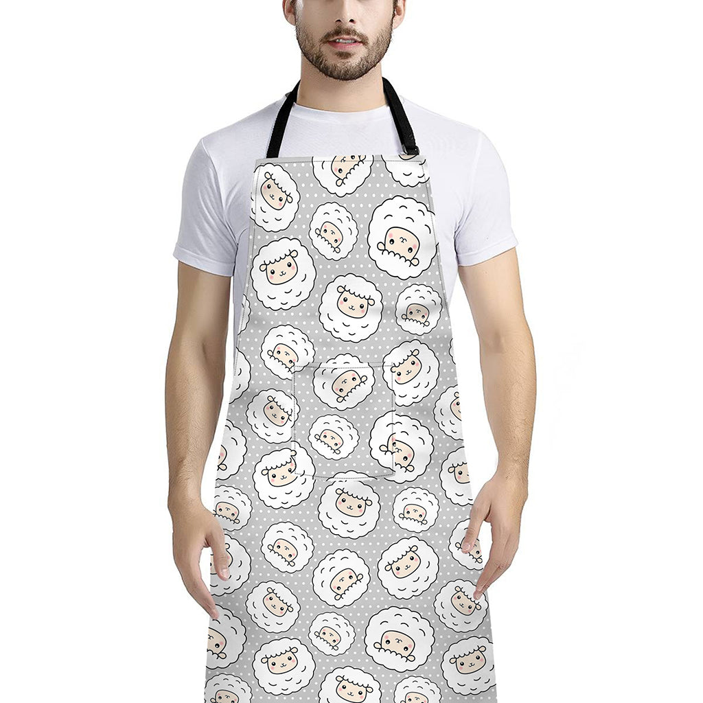 Kawaii Sheep Pattern Print Bib Apron With Pocket