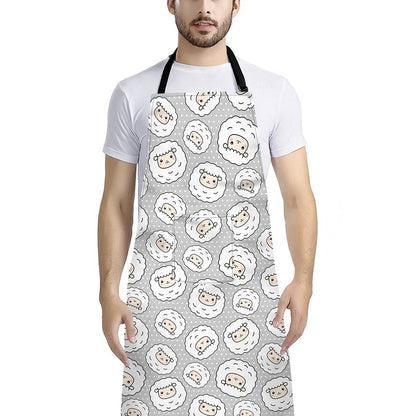Kawaii Sheep Pattern Print Bib Apron With Pocket