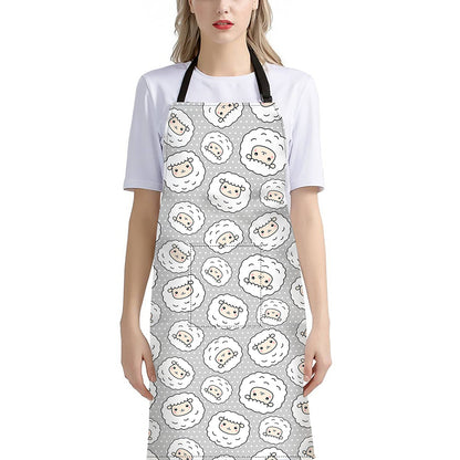 Kawaii Sheep Pattern Print Bib Apron With Pocket