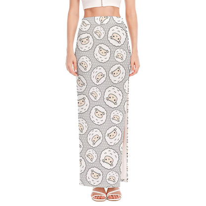 Kawaii Sheep Pattern Print High Slit Maxi Skirt