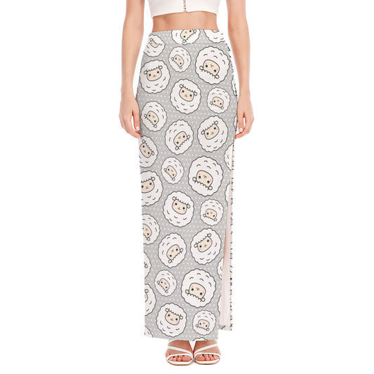 Kawaii Sheep Pattern Print High Slit Maxi Skirt
