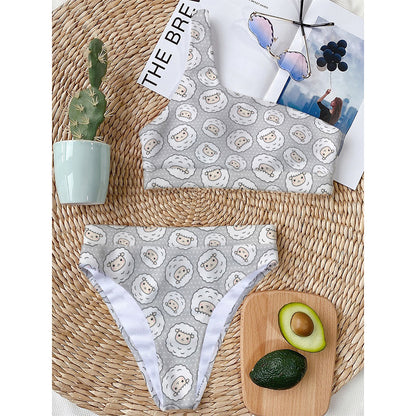 Kawaii Sheep Pattern Print One Shoulder Bikini Top