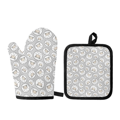 Kawaii Sheep Pattern Print Oven Mitt And Pot Holder Set