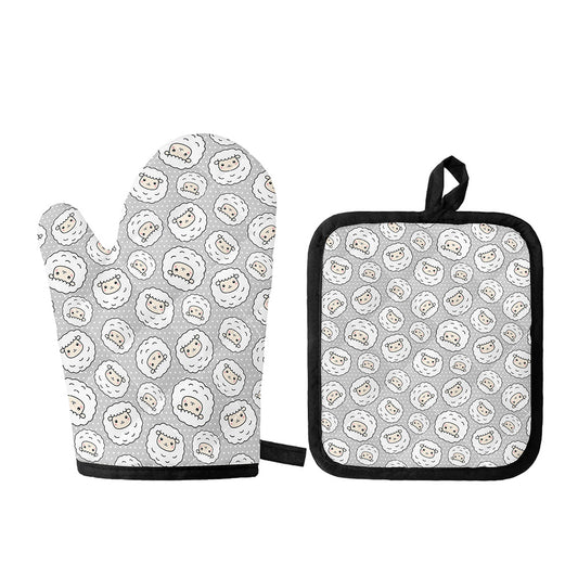 Kawaii Sheep Pattern Print Oven Mitt And Pot Holder Set