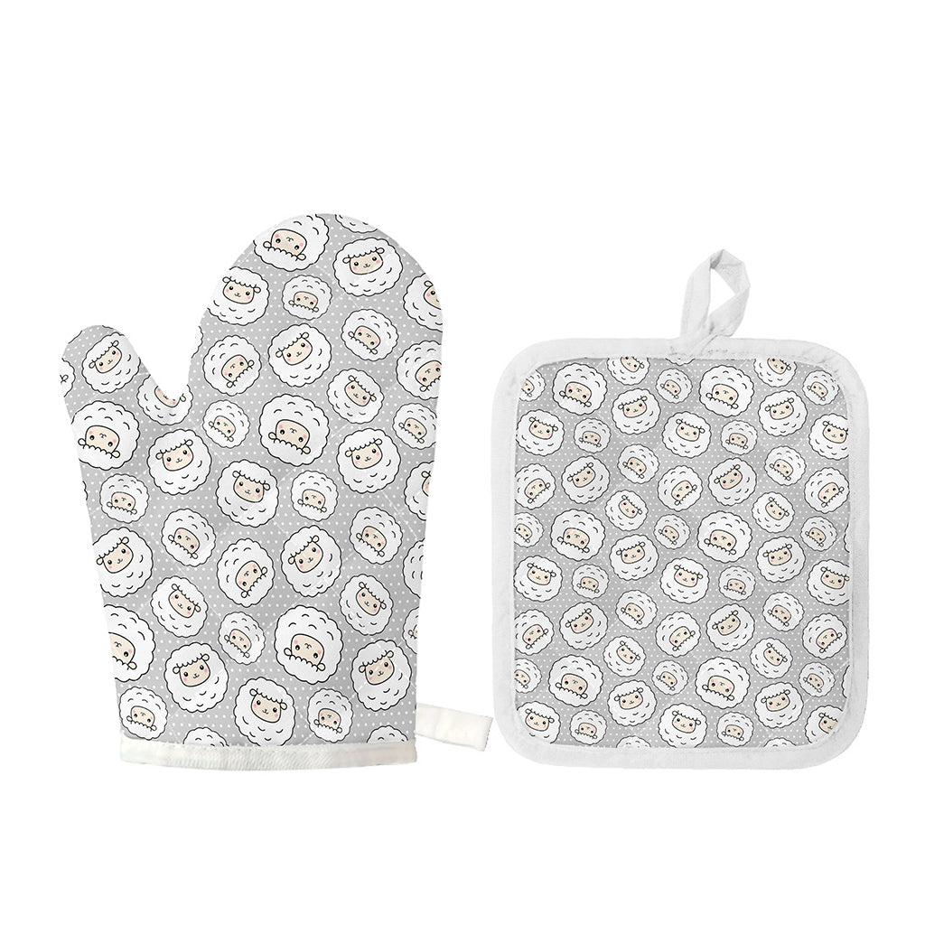 Kawaii Sheep Pattern Print Oven Mitt And Pot Holder Set