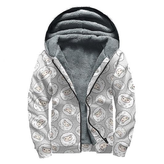 Kawaii Sheep Pattern Print Sherpa Lined Zip Up Hoodie