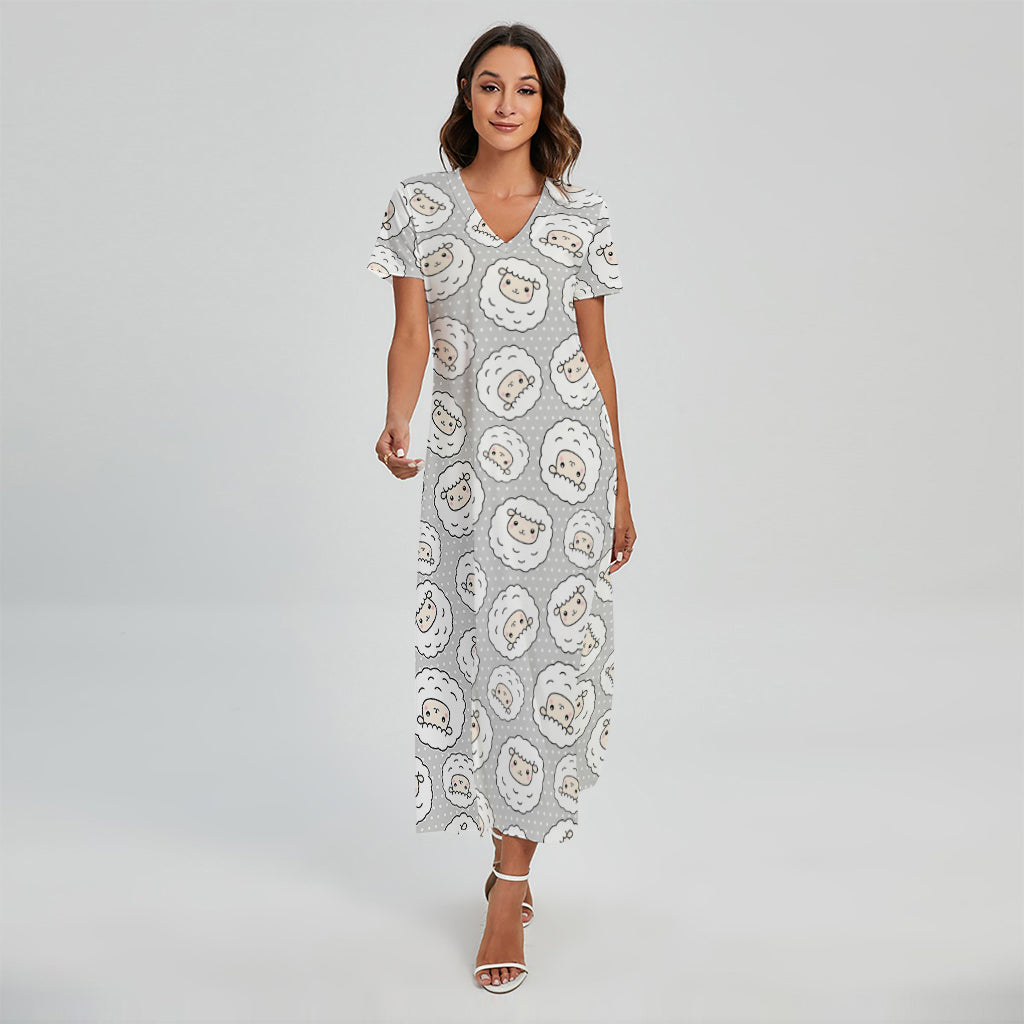 Kawaii Sheep Pattern Print Short Sleeve Maxi Dress