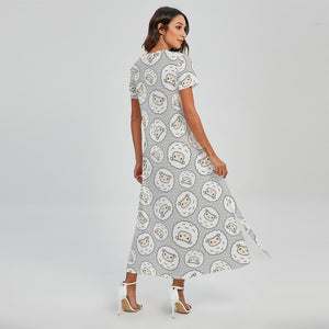 Kawaii Sheep Pattern Print Short Sleeve Maxi Dress