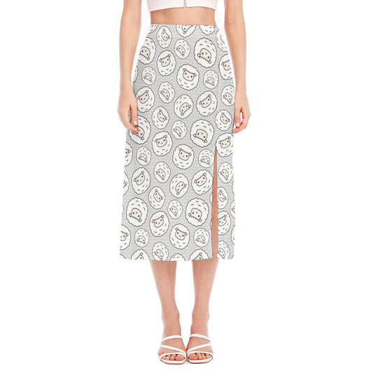 Kawaii Sheep Pattern Print Side Slit Midi Skirt