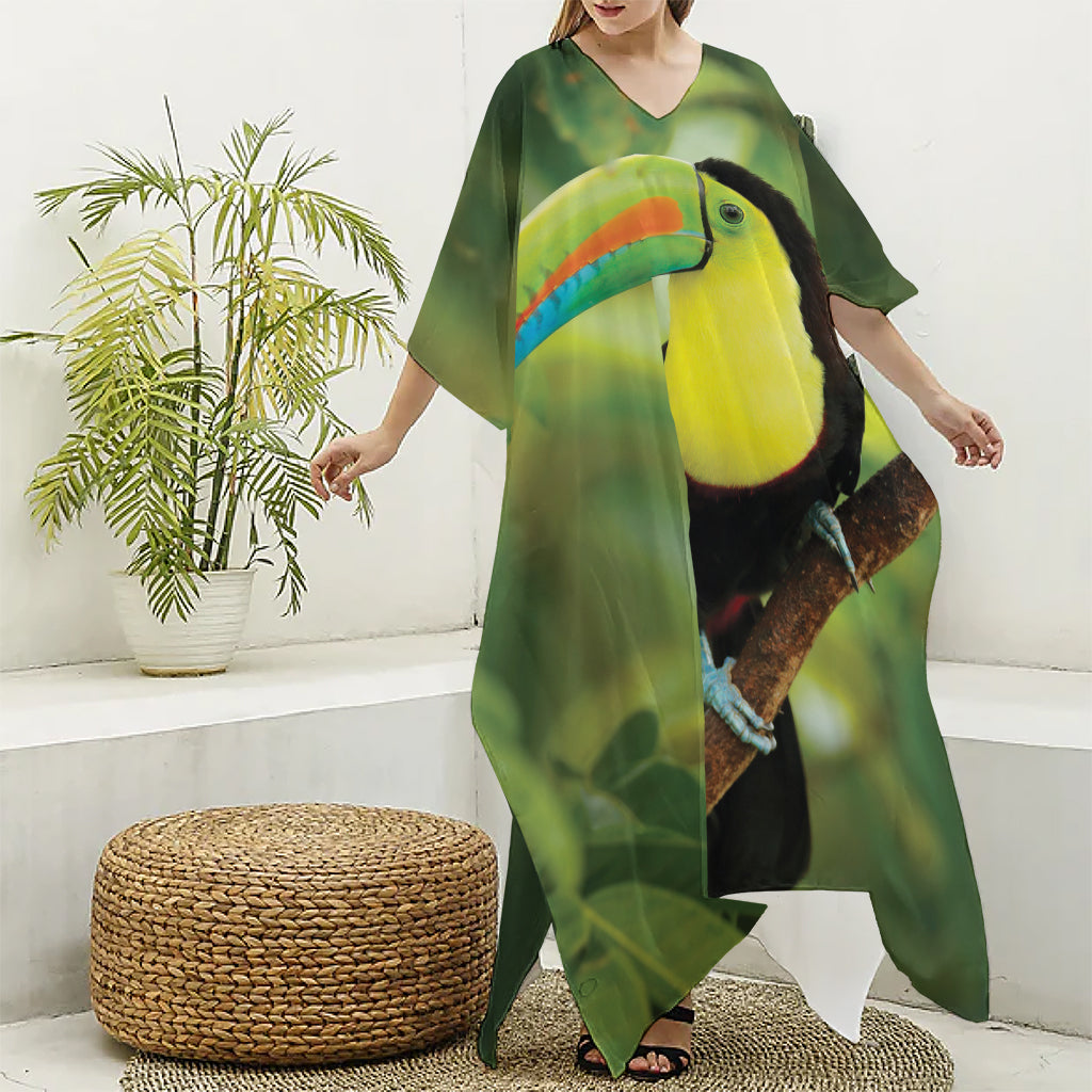 Keel-Billed Toucan Print Silk V-Neck Kaftan Dress