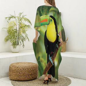 Keel-Billed Toucan Print Silk V-Neck Kaftan Dress