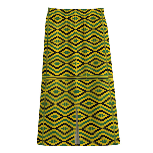 Kente African Pattern Print Cotton Front Slit Maxi Skirt