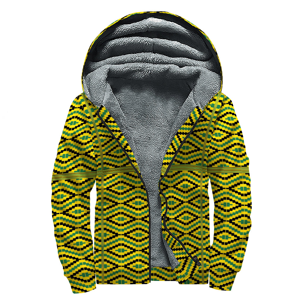 Kente African Pattern Print Sherpa Lined Zip Up Hoodie