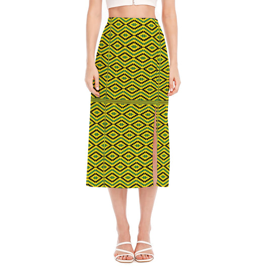 Kente African Pattern Print Side Slit Midi Skirt