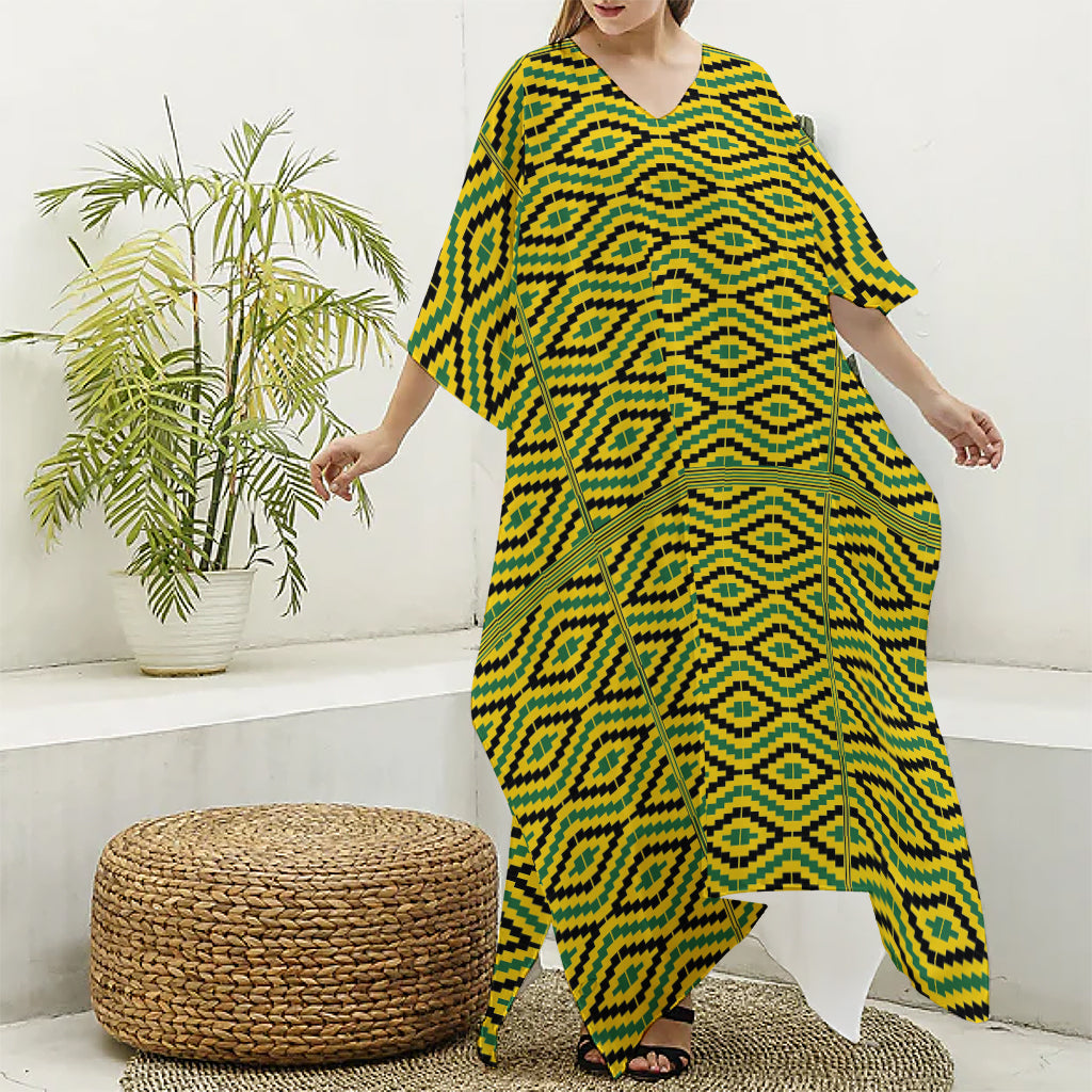 Kente African Pattern Print Silk V-Neck Kaftan Dress