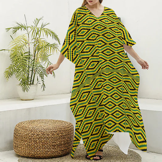 Kente African Pattern Print Silk V-Neck Kaftan Dress