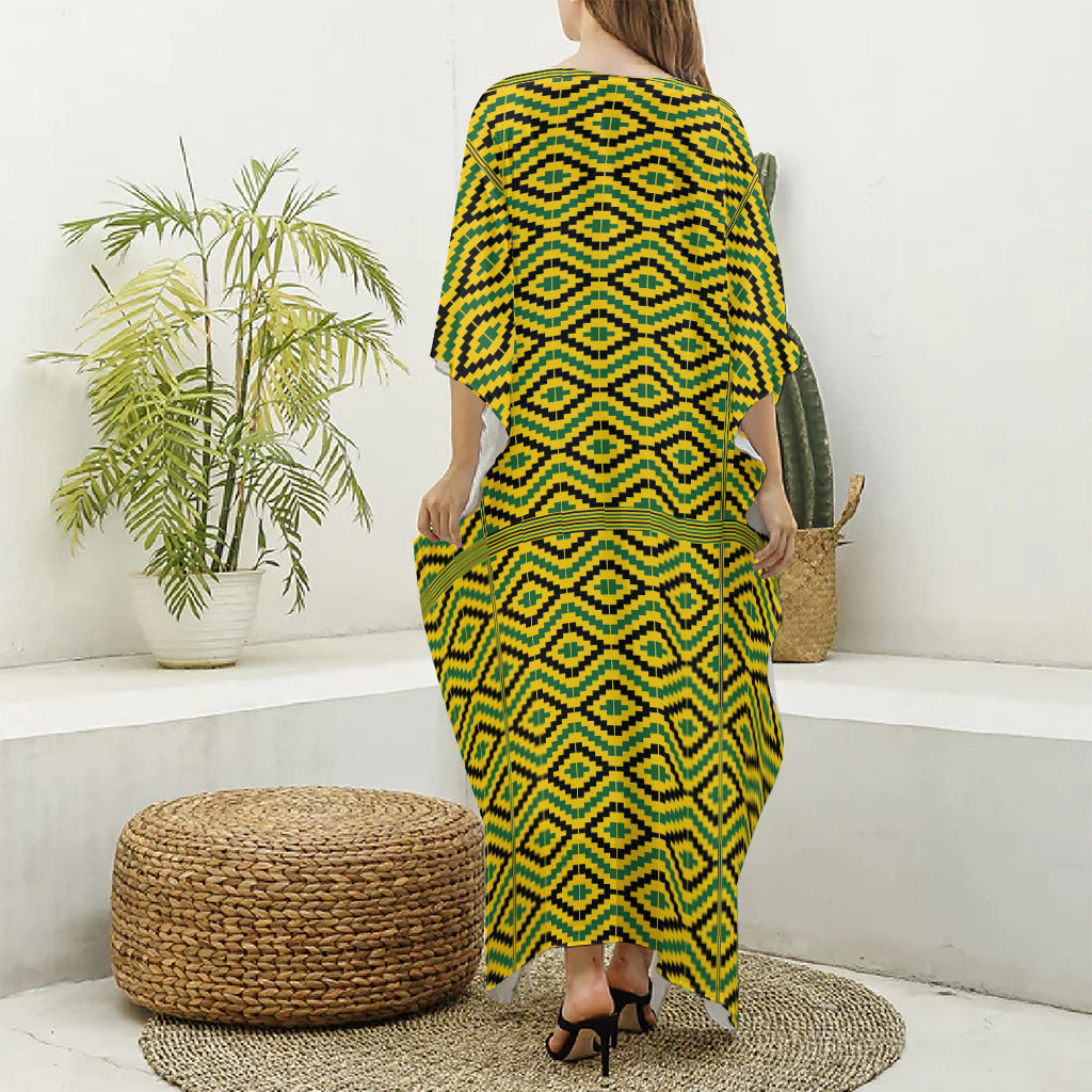 Kente African Pattern Print Silk V-Neck Kaftan Dress