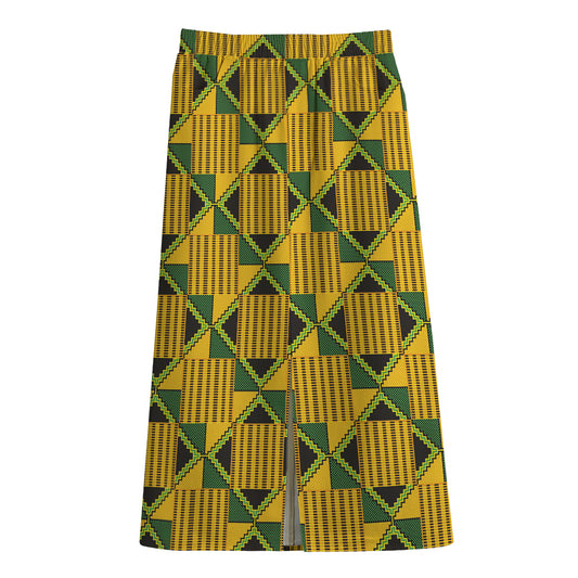 Kente Ethnic Pattern Print Cotton Front Slit Maxi Skirt