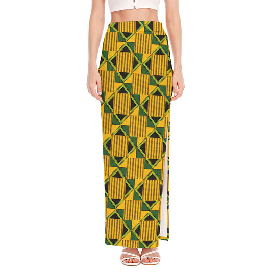 Kente Ethnic Pattern Print High Slit Maxi Skirt