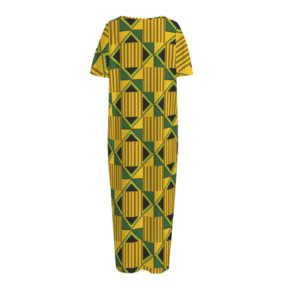 Kente Ethnic Pattern Print Short Sleeve Long Nightdress