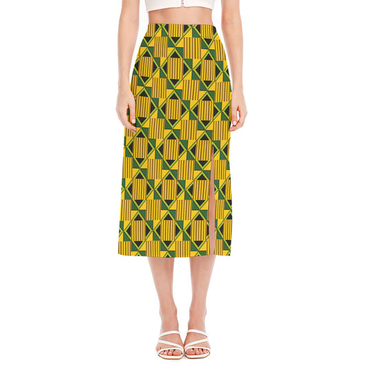Kente Ethnic Pattern Print Side Slit Midi Skirt
