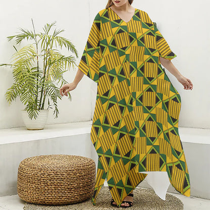 Kente Ethnic Pattern Print Silk V-Neck Kaftan Dress